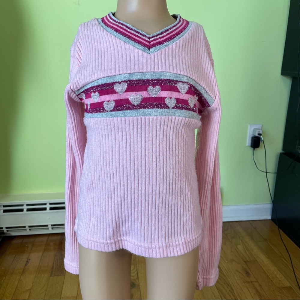 VINTAGE IN DESIGN PINK RIBBED HEART ACCENT LONG SLEEVE SHIRT TOP SIZE 7/8